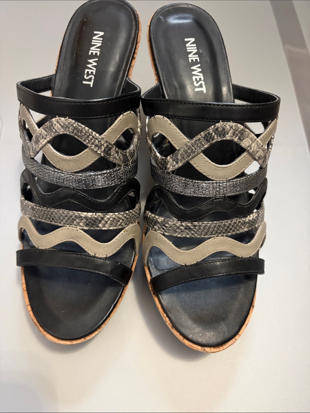 Nine West Black gray snake stripe wedge mule sandals